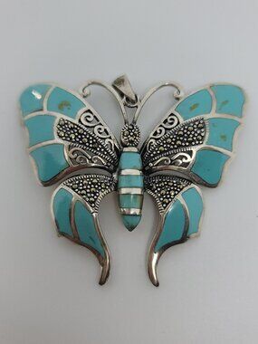 Turquoise, Marcasite & Sterling Butterfly Pendant